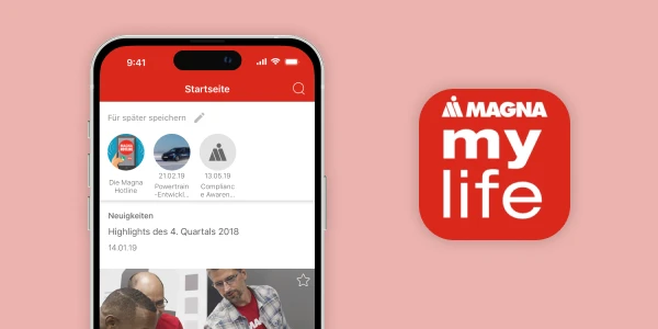 Smartphone mit Mitarbeiter App mylife at Magna von bluesource