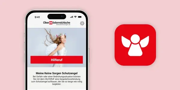 Smartphone mit Keine Sorgen Schutzengel App der Oberösterreichischen Versicherung von bluesource