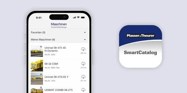 Smartphone mit Smart Catalog App für Plasser & Theurer von bluesource