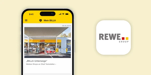 Smartphone with employee app for REWE from bluesource
