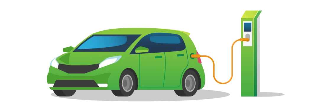Green electric car charges at KEBA charging station.