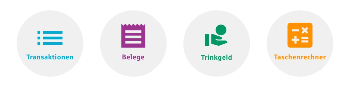 4 icons for the functions transactions, receipts, tips and calculator in the Sparkasse POS app.