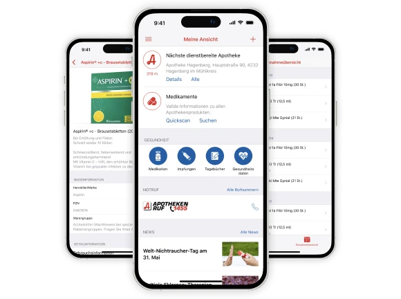Drei Smartphones mit Screens der Apo App der Österreichischen Apothekerkammer