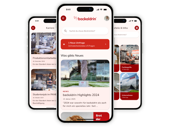 Drei Smartphones mit Screens der Mitarbeiter-App mybackaldrin
