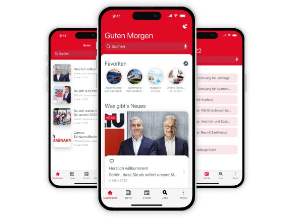 Three smartphones with screens of the employee app My Baumit