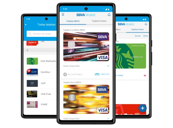 Drei Smartphones mit Screens des BBVA Wallets