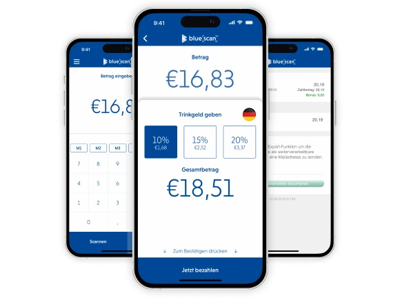 Three smartphones with screens of the Bluescan app from Bluecode