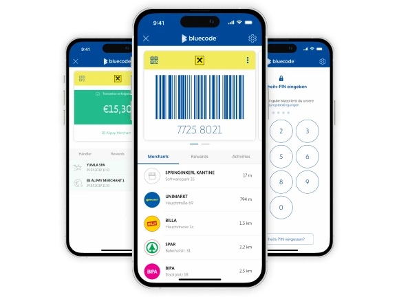 Drei Smartphones mit Screens der Bluecode Mobile Payment App