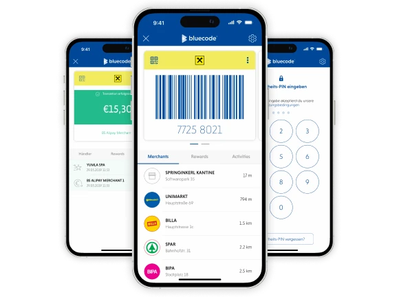 Three smartphones with screens of the Bluecode mobile payment app