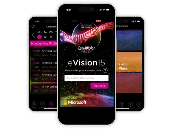 Three smartphones with screens of the eVision15 app