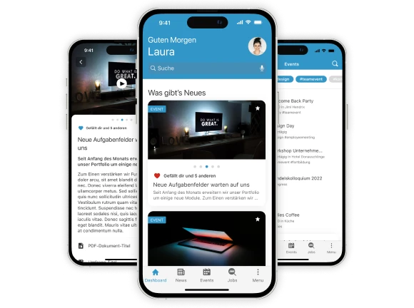 Drei Smartphones mit Screens der Mitarbeiter-App hAPPydo HR