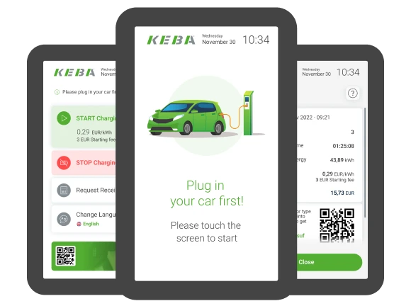 Drei Smartphones mit Screens der Applikation für das KEBA Direct Payment Terminal