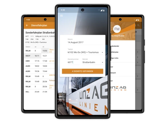 Drei Smartphones mit Screens der Linz AG FIP App