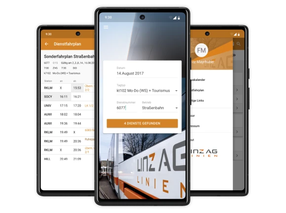 Three smartphones with screens of the Linz AG FIP app