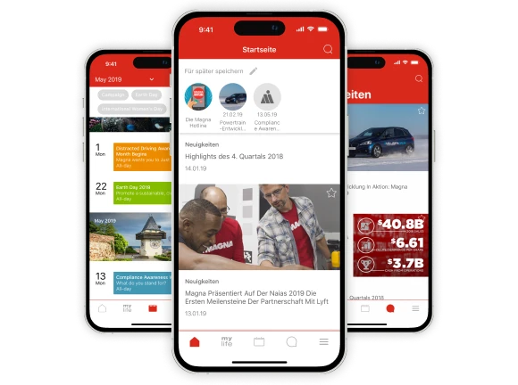 Drei Smartphones mit Screens der Mitarbeiter-App mylife at Magna