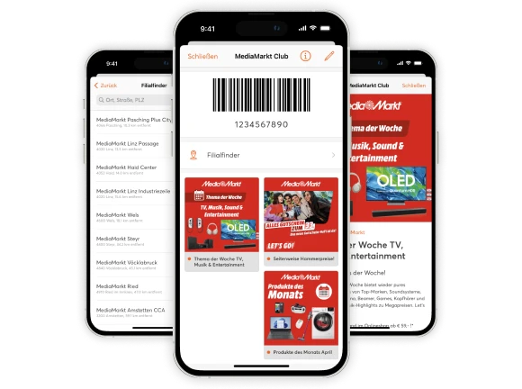 Drei Smartphones mit Screens der digitalen MediaMarkt Club Card in mobile-pocket App