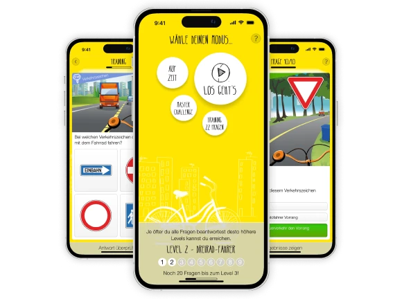 Drei Smartphones mit Screens der App ÖAMTC Fahrrad-Champion