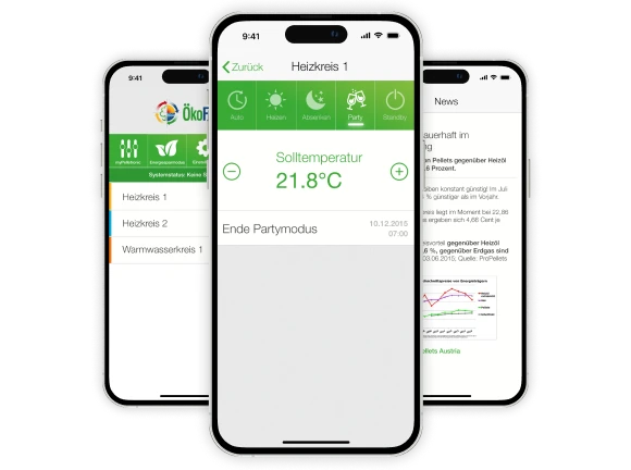 Drei Smartphones mit Screens der myPelletronic App von ÖkoFEN