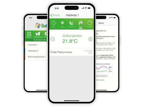 Three smartphones with screens of the myPelletronic app from ÖkoFEN