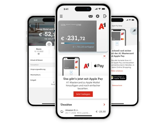 Three smartphones with screens of the A1 Mastercard app from paybox Bank