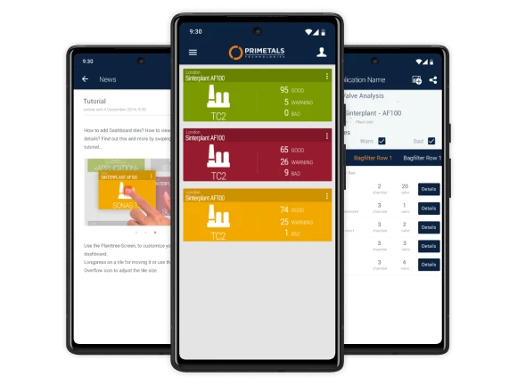 Drei Smartphones mit Screens der App ASK Primetals