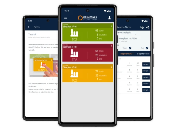 Three smartphones with screens of the ASK Primetals app