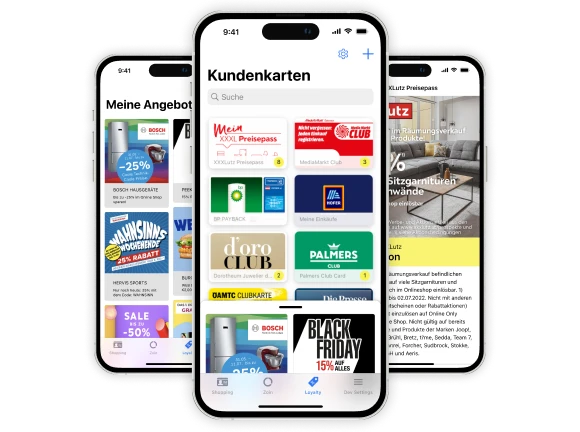 Drei Smartphones mit Screens der mobile-pocket-Integration in den Banken-Wallets