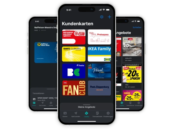 Three smartphones with screens of the RaiPay app of the Raiffeisen Banking Group Austria