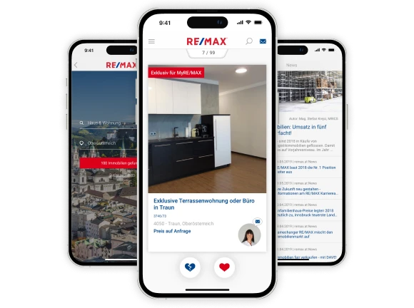 Three smartphones with screens of the RE/MAX real estate app