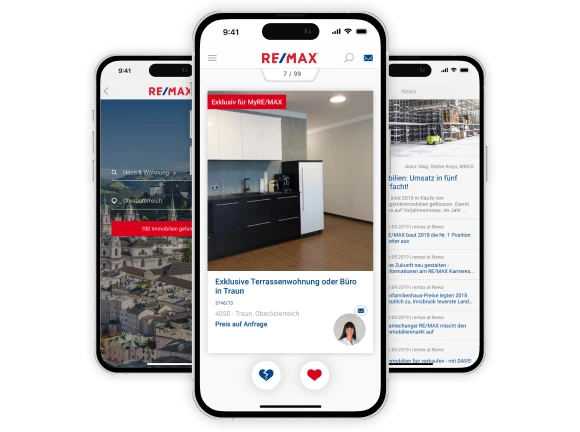 Drei Smartphones mit Screens der RE/MAX Immobilien App