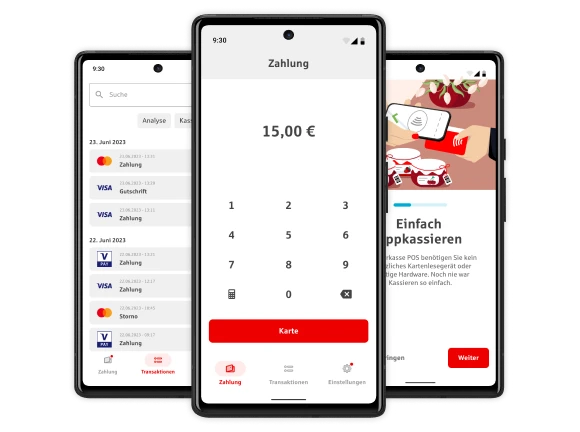Three smartphones with screens of the Sparkasse POS app