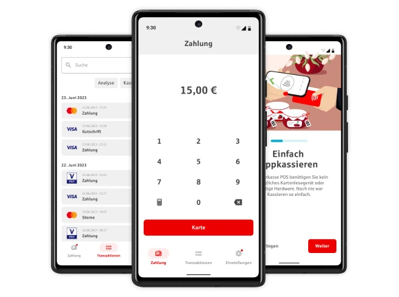 Drei Smartphones mit Screens der Sparkasse-POS-App