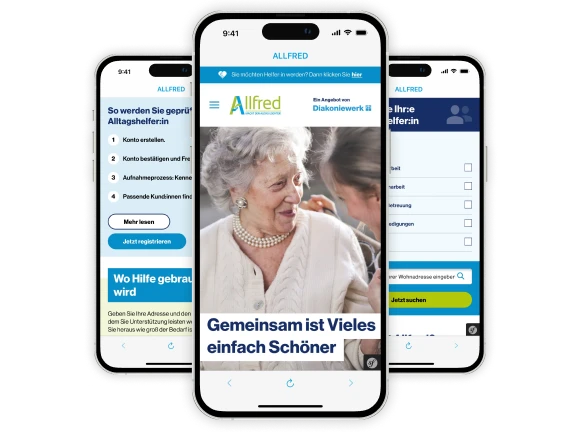Drei Smartphones mit Screens der Allfred App für Diakoniewerk Syncare