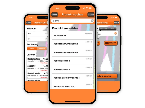 Drei Smartphones mit Screens der Synthesa Bestell-App