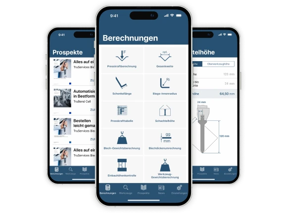 Drei Smartphones mit Screens der BendGuide App von Trumpf