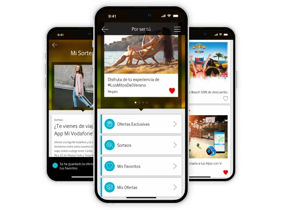 Three smartphones with screens of the Vodafone Rewards app