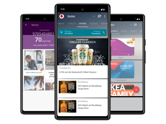 Drei Smartphones mit Screens des Vodafone Wallet