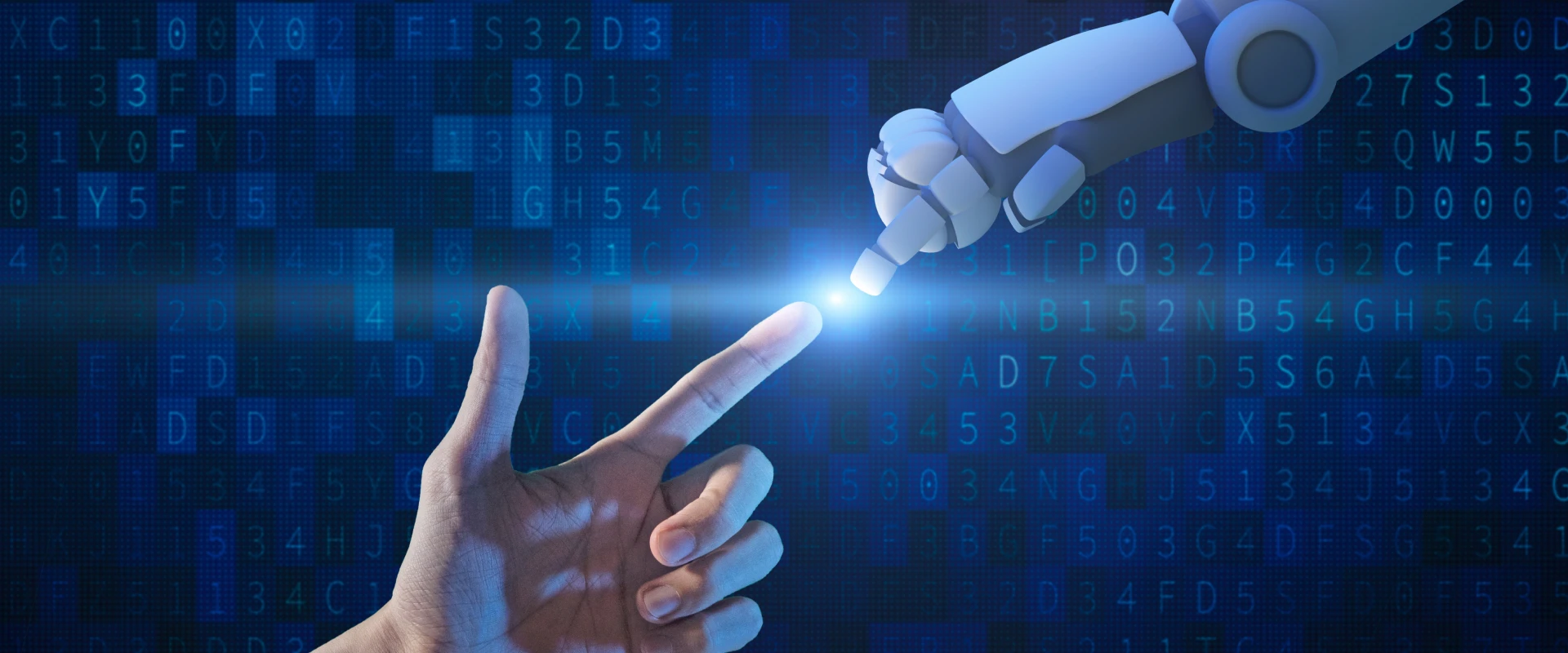 The index finger of a human hand and the finger of a robot are about to touch.