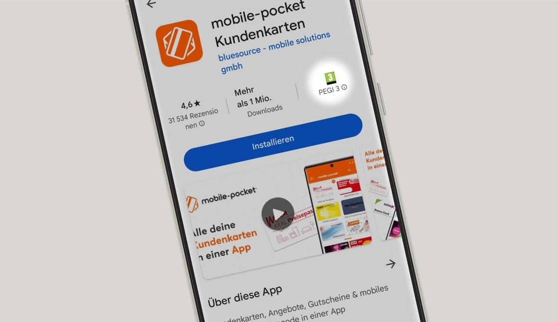 Smartphone mit Screen von mobile-pocket im App-Store, der Altersfreigabe zeigt.