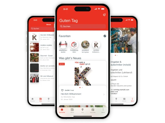 Drei Smartphones mit Screens der Klepsch Group App