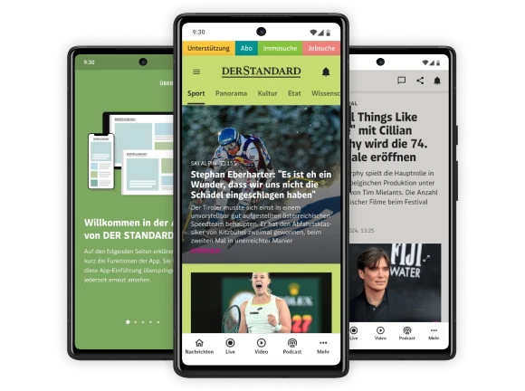Three smartphones with screens of the DER STANDARD Nachrichten app