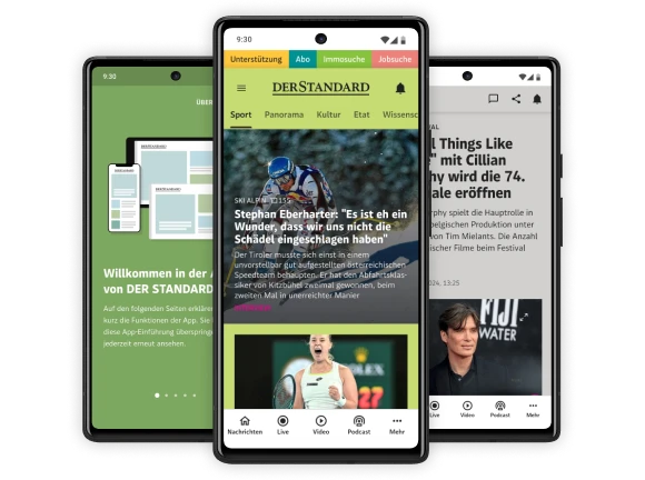 Drei Smartphones mit Screens der DER STANDARD Nachrichten App