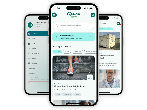 Drei Smartphones mit Screens der PRIMA Mitarbeiter*innen-App der Mavie Med Holding GmbH