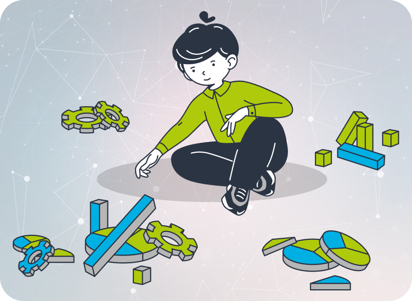 Illustration einer Person, die im Schneidersitz auf dem Boden sitzt und verschiedene grafische und mechanische Elemente untersucht. Um sie herum liegen Zahnräder, Balken- und Kreisdiagramme in Grün-, Blau- und Grautönen. Der Hintergrund zeigt ein Netz aus Linien und Punkten auf einem blau-violetten Farbverlauf, was eine technologische oder digitale Atmosphäre vermittelt. Die Szene symbolisiert Analyse, Technikverständnis und datengetriebenes Arbeiten.
