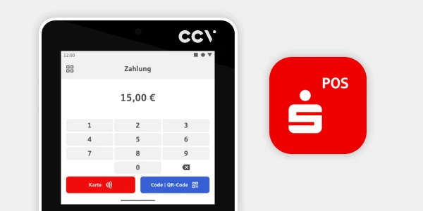 Ein Zahlungsterminal mit Touchdisplay von CCV zeigt digitale Zahlungsoptionen. Es zeigt eine Zahlungseingabe von 15,00 € mit Auswahl zwischen Kartenzahlung und QR-Code-Zahlung.