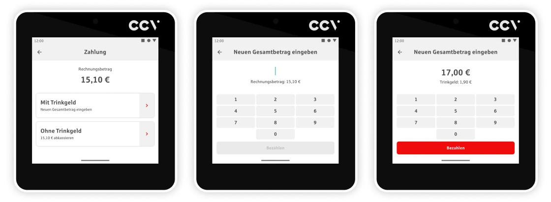 Drei CCV-Terminals mit Touchscreen zeigen den Bezahlvorgang mit Eingabe und Bestätigung eines Trinkgeldbetrags.