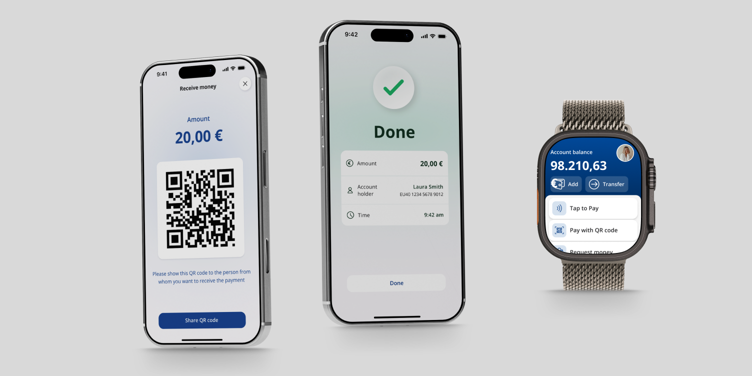 Digital-Euro-Wallet für Banken: Zwei Smartphones und eine Smartwatch zeigen einen QR-Code zum Geldempfang, eine Zahlungsbestätigung und Bezahlfunktionen.