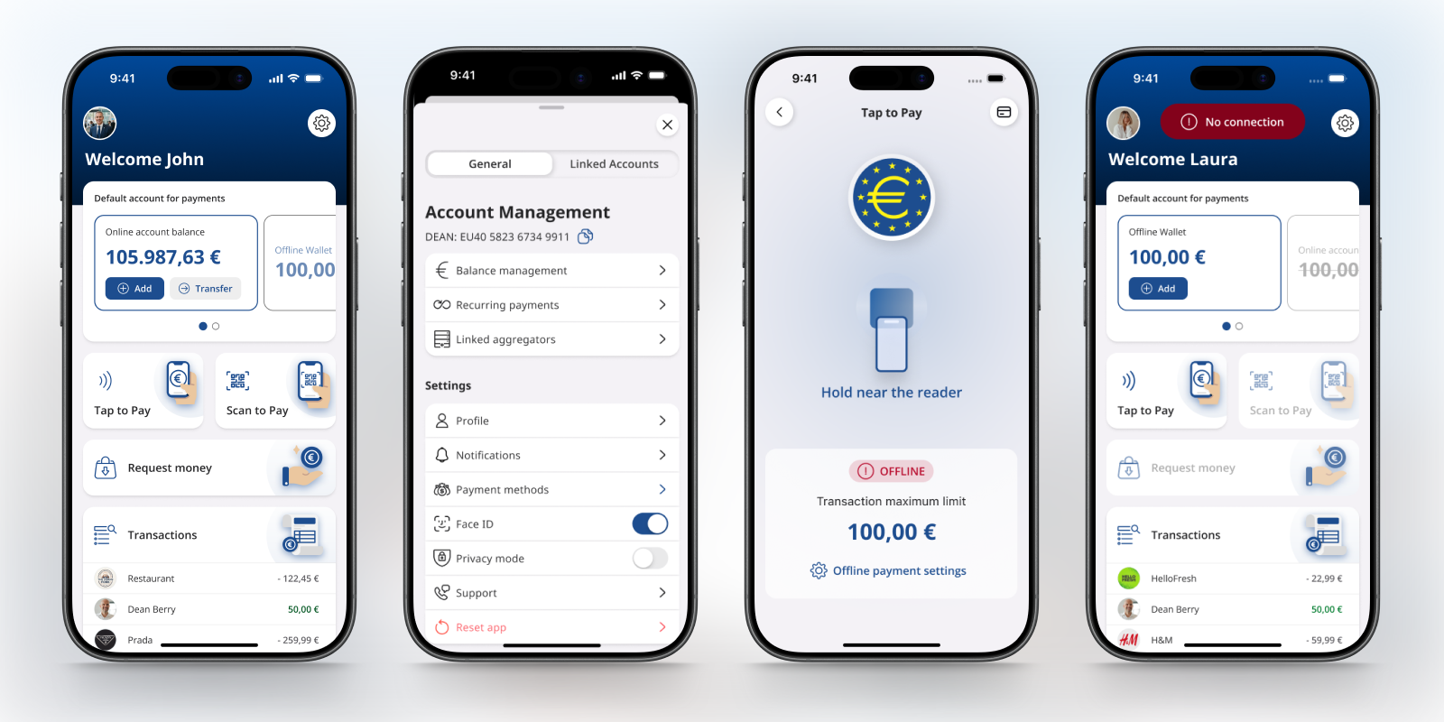 Vier Screens des Digital-Euro-Wallet-Prototyps zeigen die Wallet-Übersicht, Kontoverwaltung, kontaktloses Bezahlen und die Offline-Wallet.